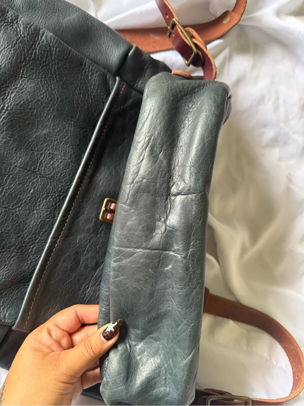 Grant Leather Roll-Top Backpack in indigo bison